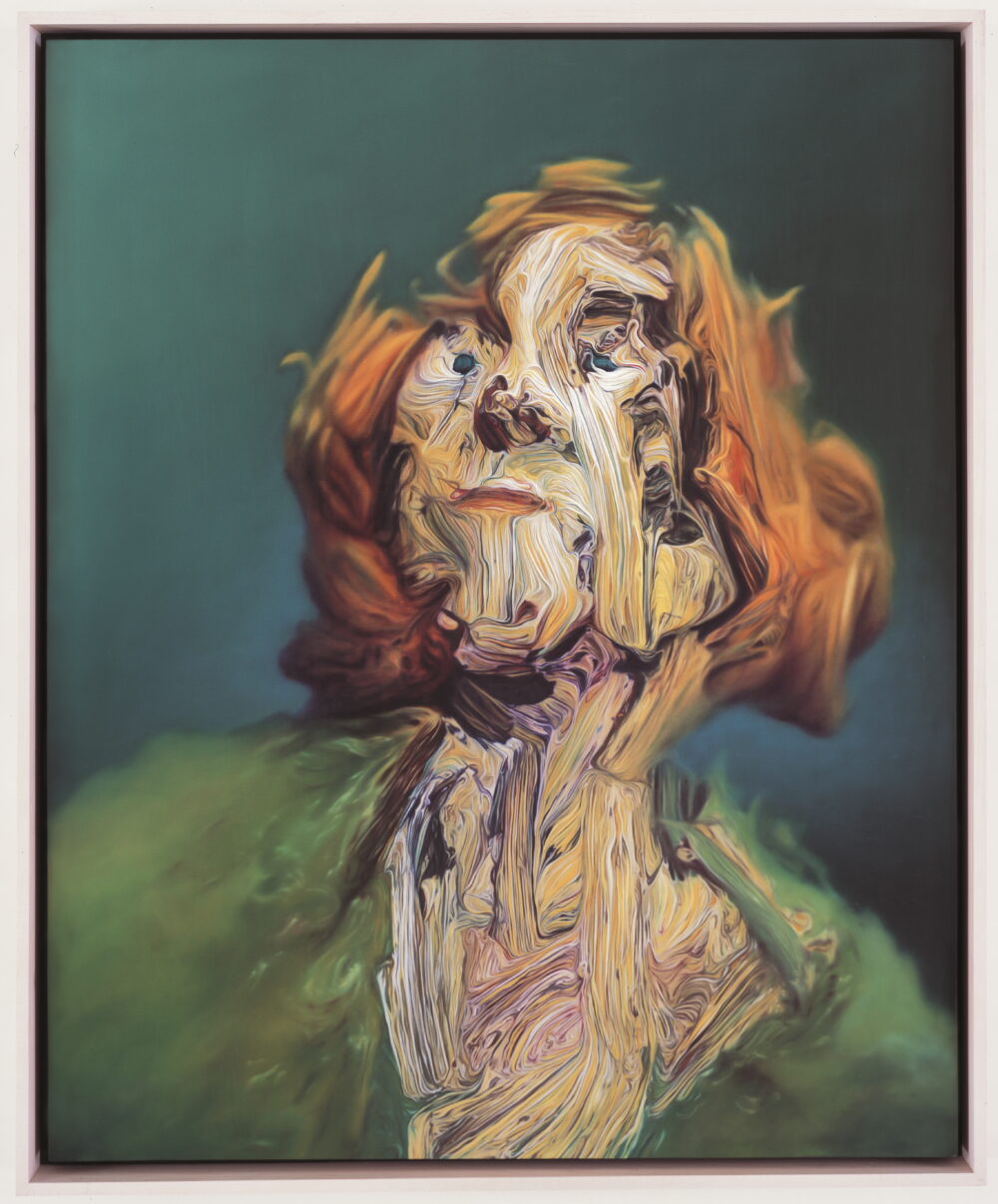 Verzerrtes Gemälde einer Frau mit roten Haaren.