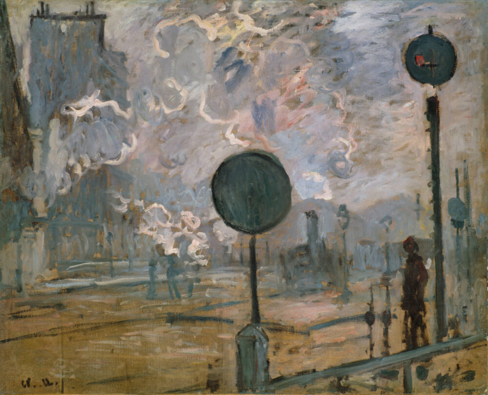 Foto eines Gemäldes von Claude Monet, das den Bahnhof Saint Lazare in Paris mit vielen Dampfwolken zeigt.