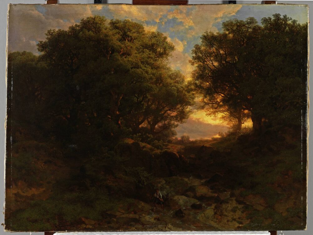 Foto eines ungerahmten Gemäldes von Alexandre Calame mit dem Titel „Abendliche Waldlanschaft“.