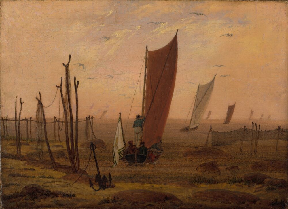 Ölgemälde einer Strandszene am frühen Morgen, diverse Segelboote fahren gerade auf das offene Meer.