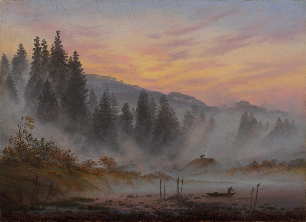 Ölgemälde einer hügeligen, bewaldeten Landschaft mit einem See im Vordergrund am frühen Morgen.