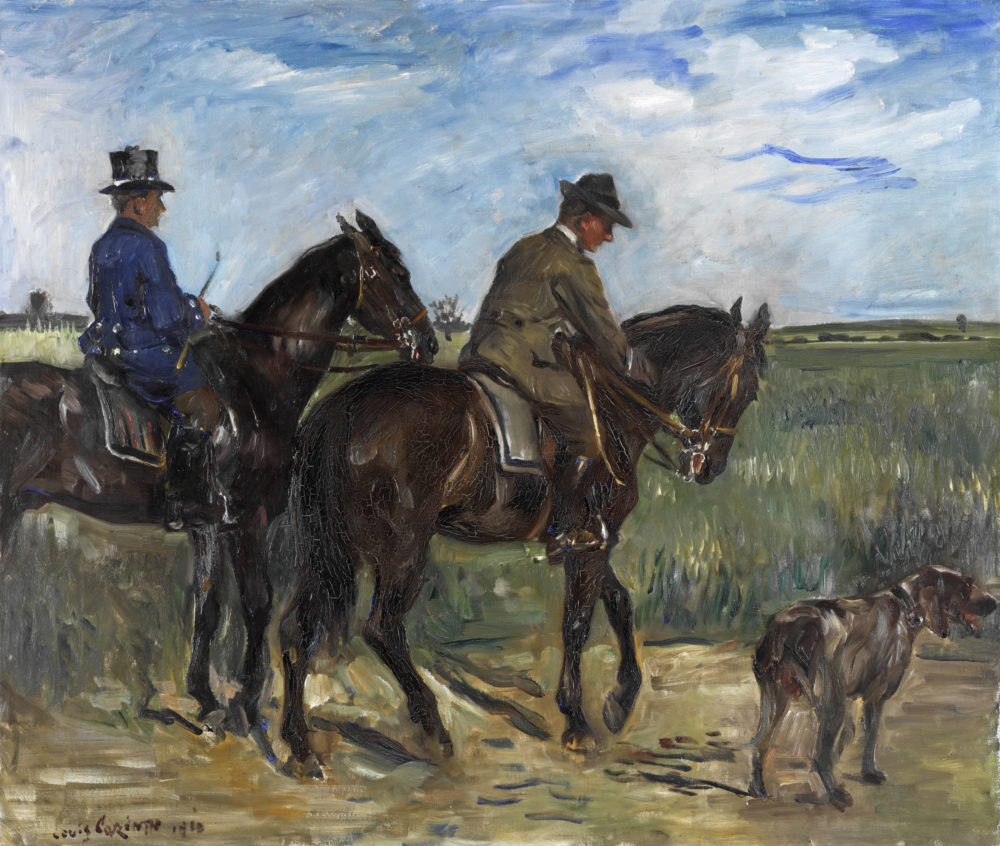 Gemälde des Malers Lovis Corinth, das zwei Reiter zu Pferd mit einem Hund zeigt.