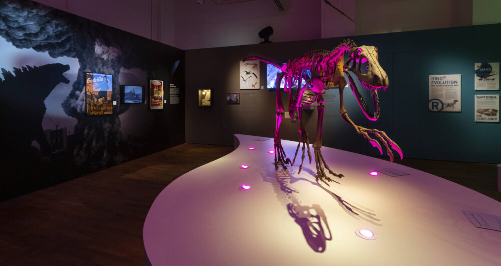 Blick in einen Ausstellungsraum mit einem großen Dinosaurierskelett im Vordergrund, dass pinkfarben beleuchtet ist.
