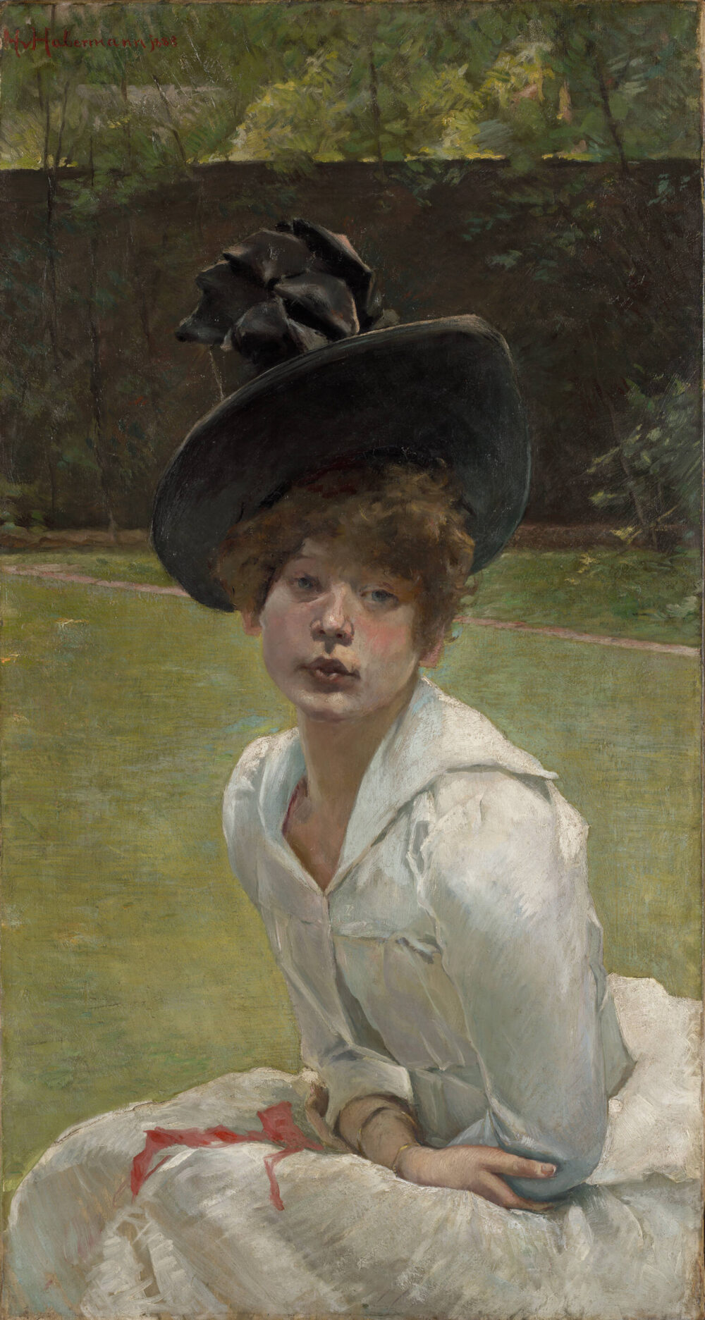 Ölgemälde einer jungen Frau mit weißem Kleid und schwarzem Hut, die selbstbewusst in die Kamera schaut.