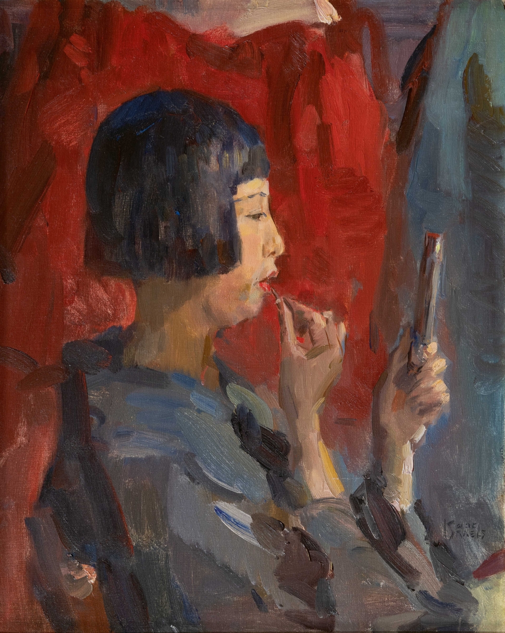 Ölgemälde einer Japanerin im Profil, die einen Handspiegel hält und roten Lippenstift aufträgt.