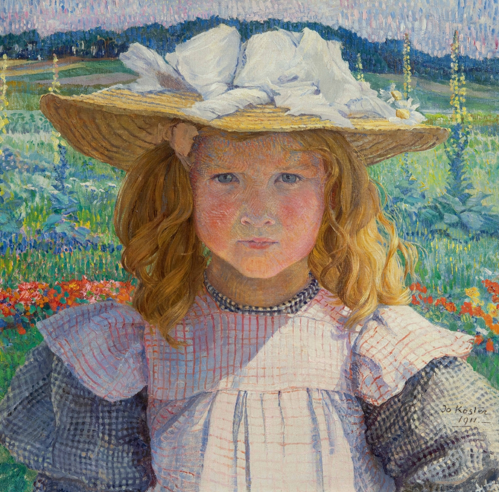 Ölgemälde eines jungen, blonden Mädchens mit Sonnenhut, dass auf einer Blumenwiese steht und den Betrachter ernst anschaut.