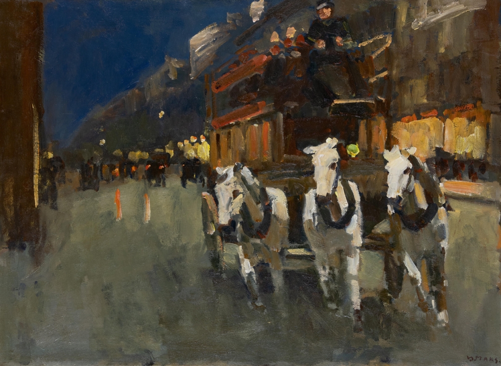 Ölgemälde einer von drei weißen Pferden gezogenen Droschke, die im Dunkeln über eine belebte Straße genau auf den Betrachter zuzufahren scheint.