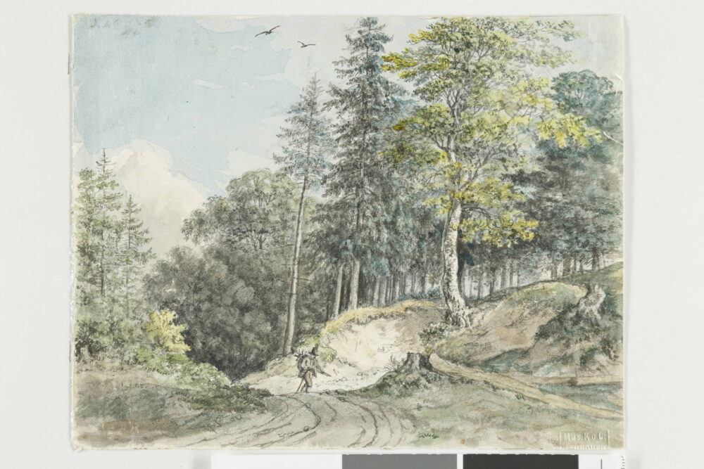 Foto eines ungerahmten Aquarells, das einen Wanderer am Waldrand zeigt.