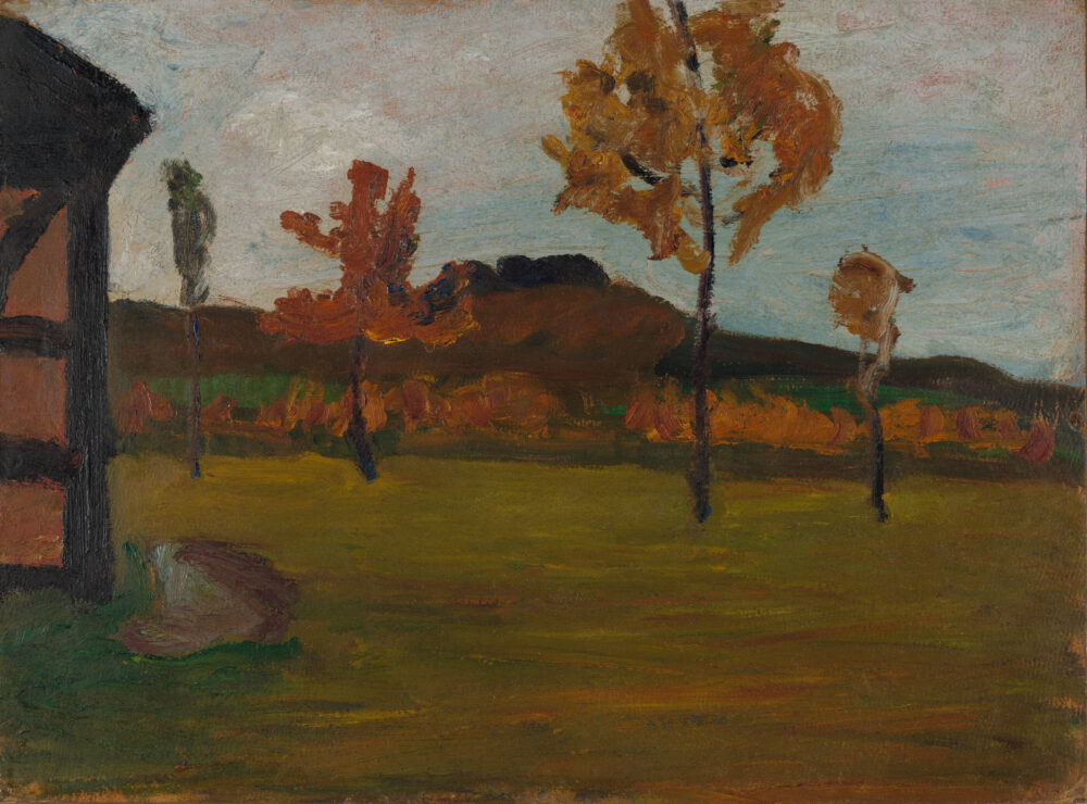 Ölgemälde einer kargen, herbstlichen Landschaft.