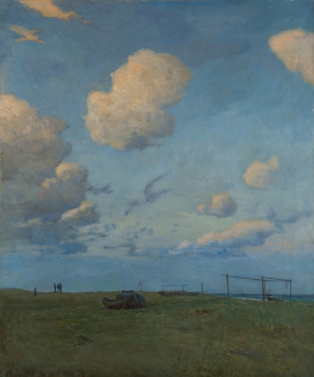 Ölgemälde einer flachen, grasbewachsenen Landschaft am Meer mit bewölktem Himmel.