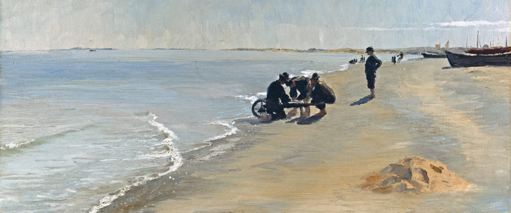 Ausschnitt eines Gemäldes, das Männer mit Hut im 19. Jahrhundert am Strand zeigt.